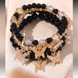 Black and Gold Beaded Butterfly Charm Bracelet Set NEW 🏷️